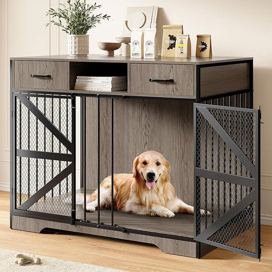 44" Large Dog Crate Furniture Set of 2, Wooden Heavy Duty Dog Kennel TV Stand with Storage Drawers, Decorative Indoor Pet Crate for Medium & Large Dogs, Grey