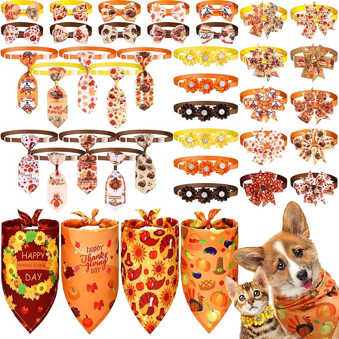 Reginary 40 Pcs Thanksgiving Dog Bow Ties Set 26 Fall Pet Bow Ties 10 Turkey Maple Leaf Neckties 4 Autumn Dog Bandana for Puppy Thanksgiving Grooming Accessories