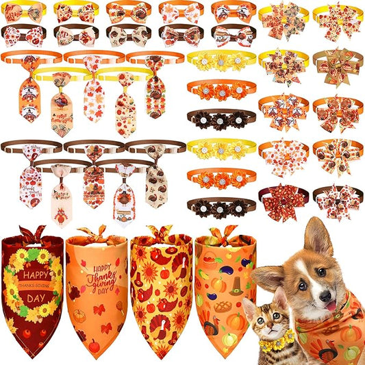 Reginary 40 Pcs Thanksgiving Dog Bow Ties Set 26 Fall Pet Bow Ties 10 Turkey Maple Leaf Neckties 4 Autumn Dog Bandana for Puppy Thanksgiving Grooming Accessories