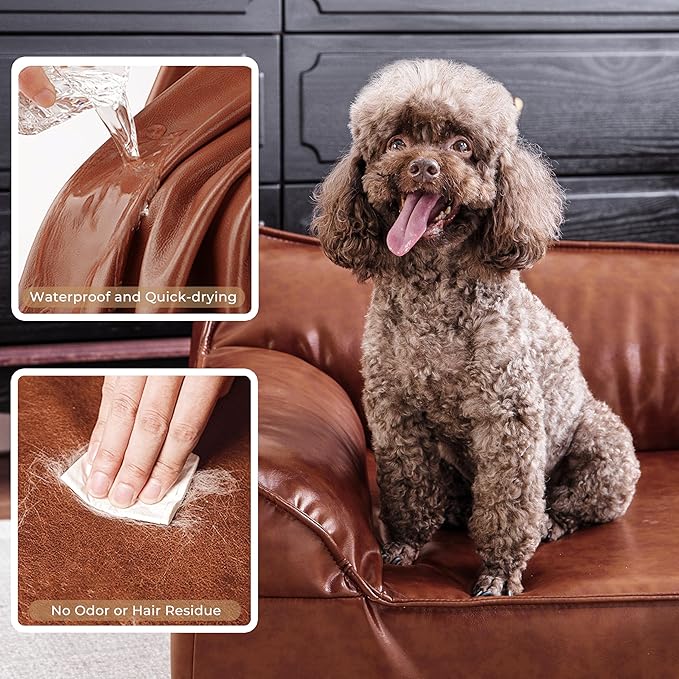 Brown Leather Dog Couch Bed for Medium Small Dogs Under 50 lbs, 31.5 Inch Mid-Century Modern Luxury Elevated Dog Sofa Indoor, Furniture Style Vintage Raised Pet Sofa Bed (Medium)