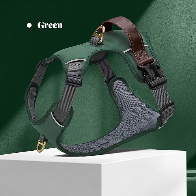 No Pull Dog Harness Medium Sized Dog,Stylish PU Leather Vest with Easy Control Handle,No Choke Front Clip with 2 Metal Leash Clips,Reflective & Adjustable for Walking,Green,Chest 27-33"