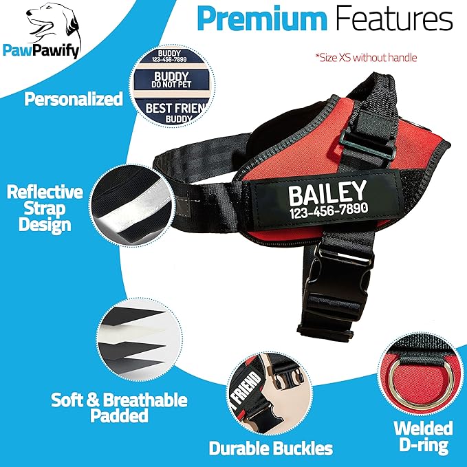 PawPawify Custom No Pull Dog Harness with Name and Phone Number, Heavy Duty Personalized Pet Vest to Prevent Tugging, Pulling, or Choking, Training and Walking (Red, M (Chest 20-24in))