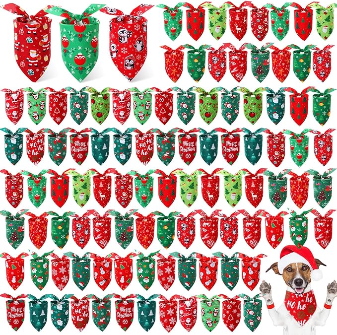 Preboun 100 Pcs Christmas Dog Bandanas Bulk Xmas Bandanas for Dogs Triangle Kerchief Bibs Scarf for Pet Xmas Costume Photo Props Accessories Pet Shops Adoption Events, 25 Styles(19.7 x 13.8 x 13.8)