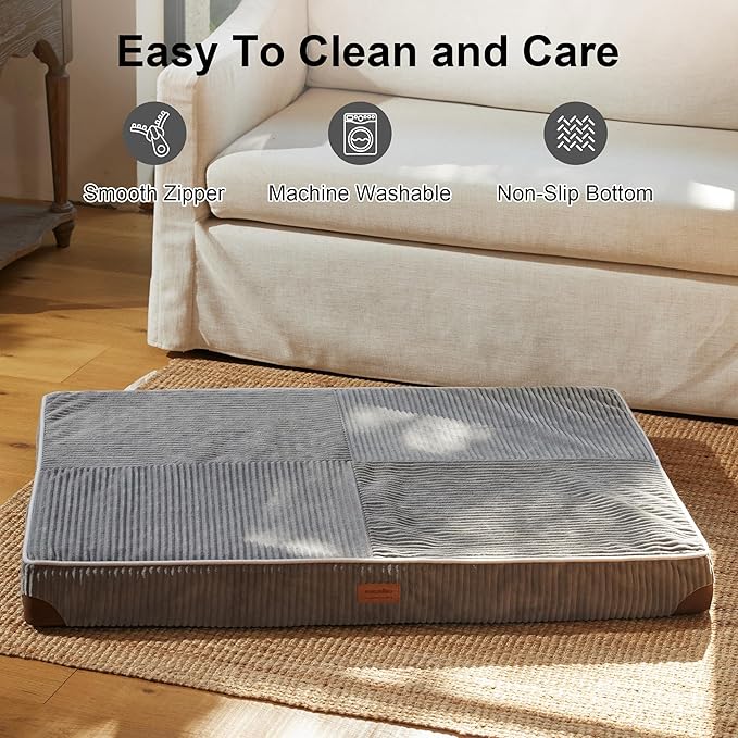 FUKUMARU Dog Bed, Plush Corduroy Orthopedic Dog Beds with Removable Washable Cover, XL Waterproof Dogs Bed for Crate, Egg Crate Foam Support Pet Mat, Cozy Pet Bed Mat with Anti-Slip Bottom, Grey