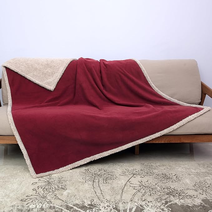 Catalonia Waterproof Liquid Pee Proof Fleece Sherpa Blanket for Bed Couch Sofa, Protector Cover for Baby, Cozy Lining Throws for Camping Boating (Wine/Taupe, 60x80 inch)