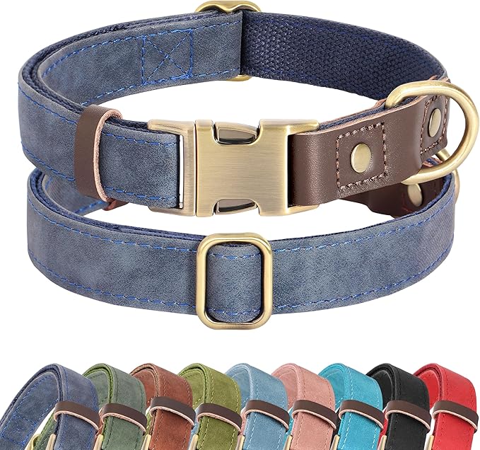 Didog Soft PU Leather Dog Collar for Large Dogs,Classic Adjustable Wide Dog Collars with Quick Release Metal Buckle,Easy Clean and Comfortable with Nylon Lining,Blue,XL Neck 17-26", Width 1¼''