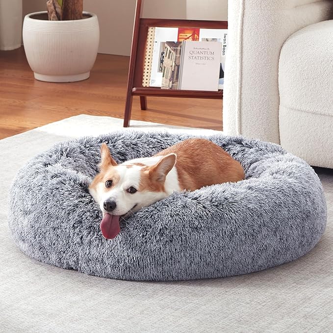 Donut Dog Bed Medium Size Dog, Round Cat Beds for Small Medium Dogs and Cats with Washable Fluffy Faux Fur, Cute Comfort Pet Bed with Anti-Slip Bottom, Grey, 30"