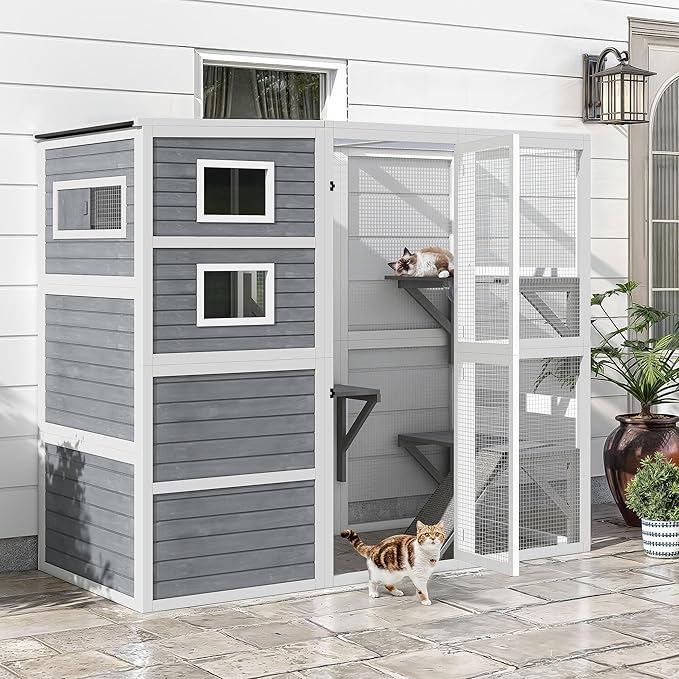 DWVO Large Cat Catio Outdoor Cat Enclosures Walk in Playpen Patio with 4-Tier Houses for Indoor Cats, Cats Scratcher Ramp, Space Capsule Bed, 5 Windows, Outside Catio with Weatherproof Roof