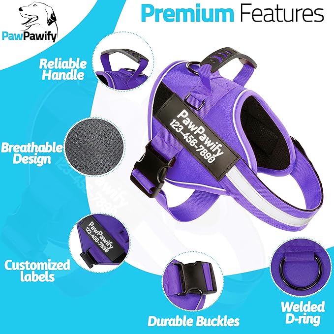 PawPawify Custom No Pull Dog Harness with Name and Phone Number, Heavy Duty Personalized Pet Vest to Prevent Tugging, Pulling, or Choking, Training and Walking (New Purple, XL (Chest 28-35in))