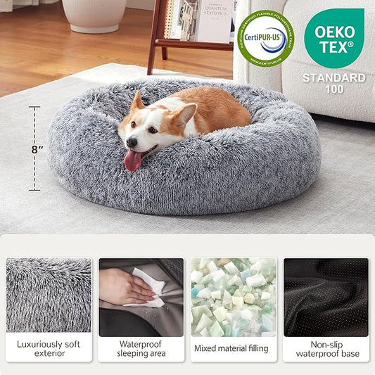Donut Dog Bed Medium Size Dog, Round Cat Beds for Small Medium Dogs and Cats with Washable Fluffy Faux Fur, Cute Comfort Pet Bed with Anti-Slip Bottom, Grey, 30"