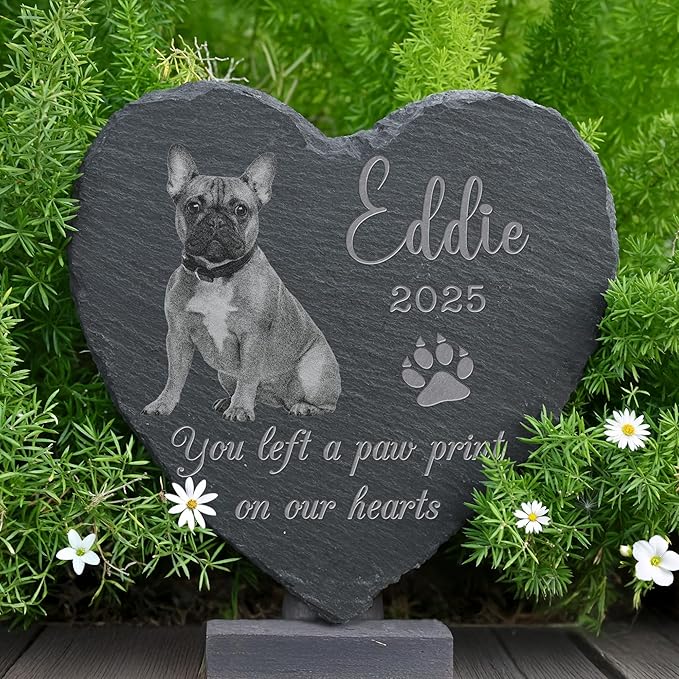 Pet Memorial Stone with Photo, Dog Memorial Gifts for Loss of Dog, Personalized Pet Memorial Gifts, Pet Loss Gift - Paw Print（Heart）