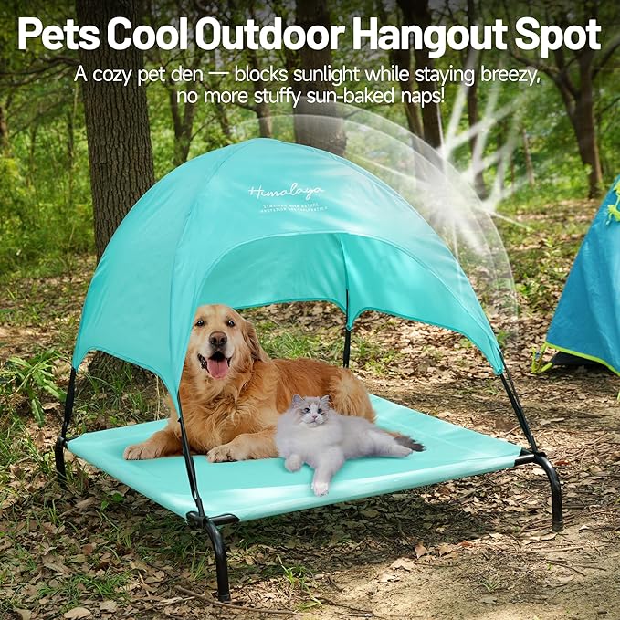 Himalaya Elevated Dog Bed, Large Bed with Canopy Removable Shade Tent, Stable Anti-Slip Feet for Pets Camping Indoor Outdoor Brown (Blue-Middle)