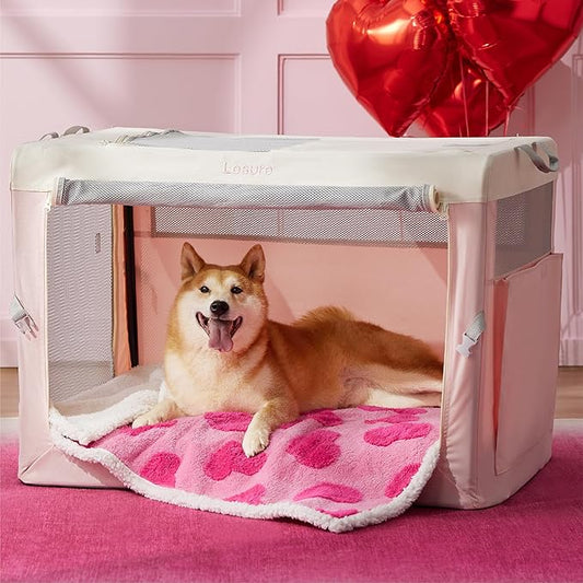 LE SURE Waterproof Puppy Blanket for Large Dogs - Washable Double Sided Dog Blankets with Warm Jacquard Shag and Soft Sherpa Fleece, Pet Cat Blanket for Couch Protection, Love Pattern Design，Pink