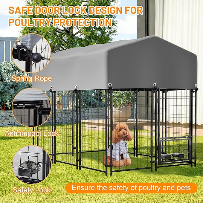 Dog Crate Dog Kennel Outdoor W/Roof,Dog Cage W/ 360°Rotating Feeder & Secure Lock,Weatherproof Dog Pens Outside W/Flexible Clamps,for Garden Yard,Grey(4.23x5.82x4.83 FT)