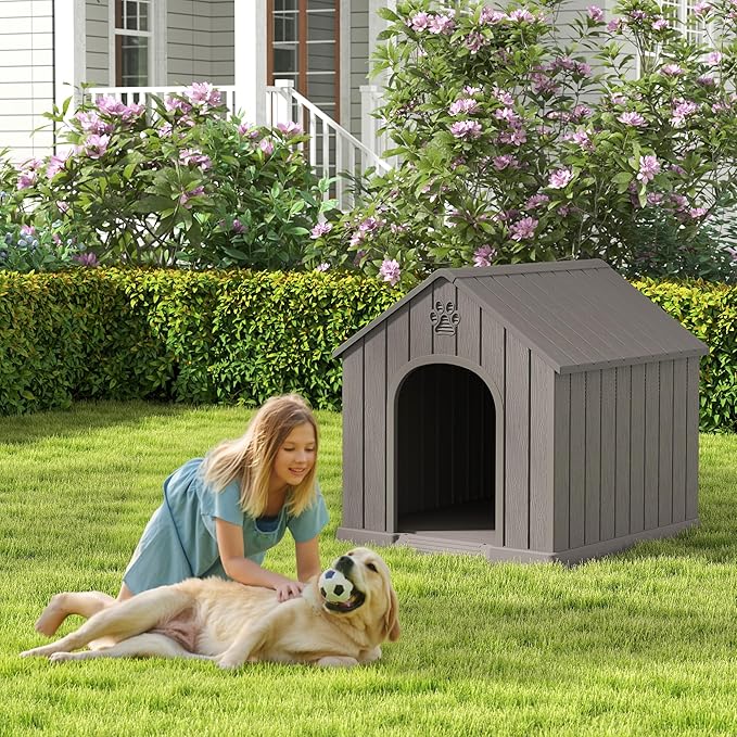 Fancyango Large Dog House Outdoor Indoor for Medium Large Dogs, Sturdy Plastic Waterproof Doghouse with Air Vents and Elevated Floor, Easy Clean and Assemble (Grey, 36.2''L×38''W×38''H)