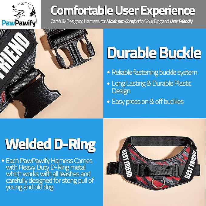 PawPawify Custom No Pull Dog Harness with Name and Phone Number, Heavy Duty Personalized Pet Vest to Prevent Tugging, Pulling, or Choking, Training and Walking (Camouflage Red, XXL (Chest 36-42in))