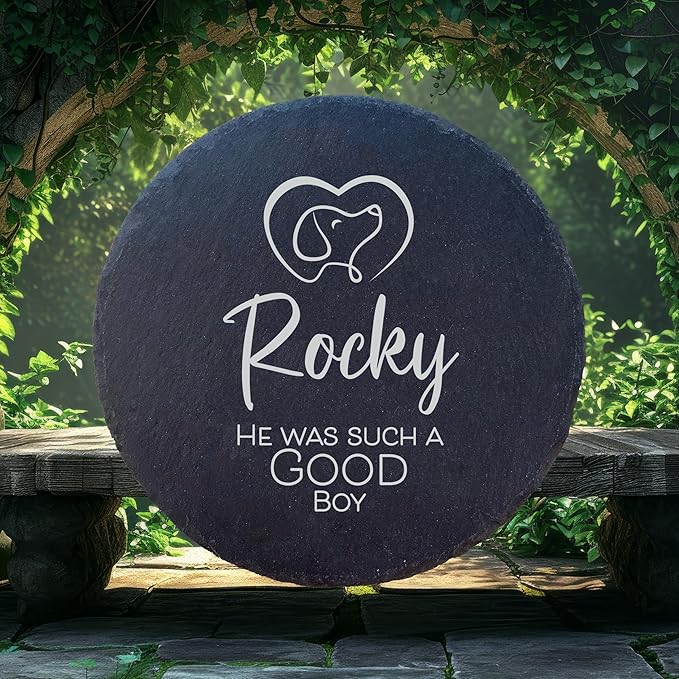 Personalized Pet Memorial Stone for Dogs and Cats | Custom Laser-Etched Weatherproof Garden Grave Marker | Natural Stone Bereavement Headstone Sympathy Gift | 4, 6, 10, or 12 Inch Heart or Circle Shape (A10)