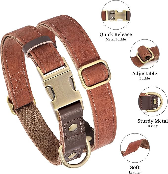 Didog Soft PU Leather Dog Collar for Large Dogs,Classic Adjustable Wide Dog Collars with Quick Release Metal Buckle,Easy Clean and Comfortable with Nylon Lining,Brown,XL Neck 17-26", Width 1¼''
