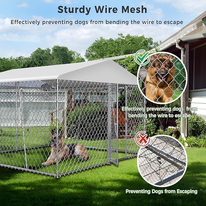 Lyromix Upgraded 10×10FT Outdoor Dog Kennel with Roof, Large Dog House Pen Enclosure with Sidebar, Heavy Duty Chain Link Kennel with Lock for Outside Backyard