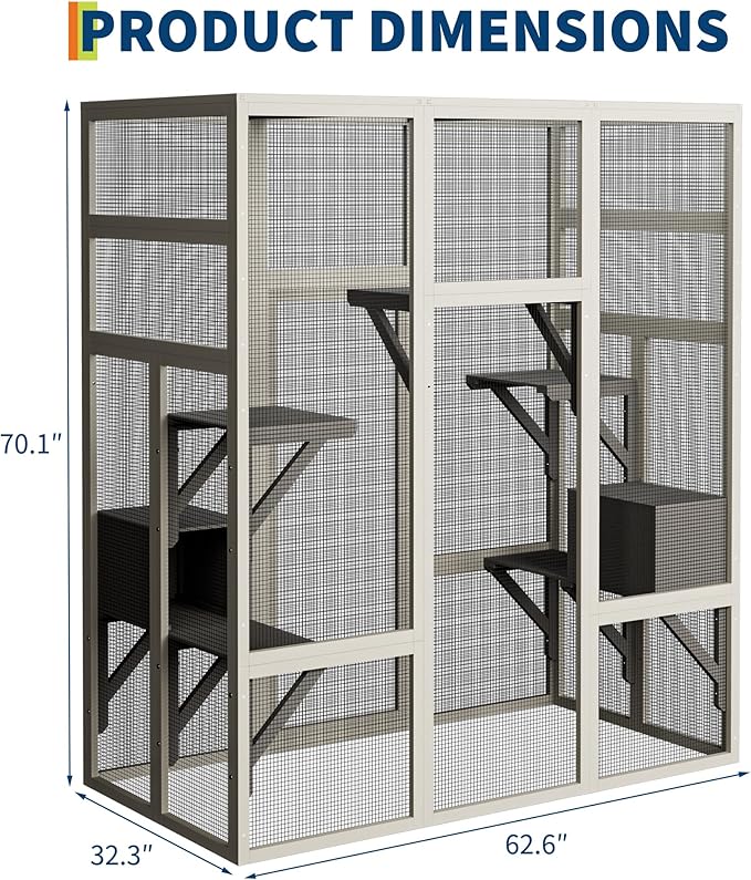 70" Large Outdoor Catio Cat Enclosure, Wood Cat Patio with Waterproof UV-Resistant Roof, Cats Shelter with 5 Platforms and 2 Resting Box, and Secure Rust-Proof Wire for Backyard or Patio