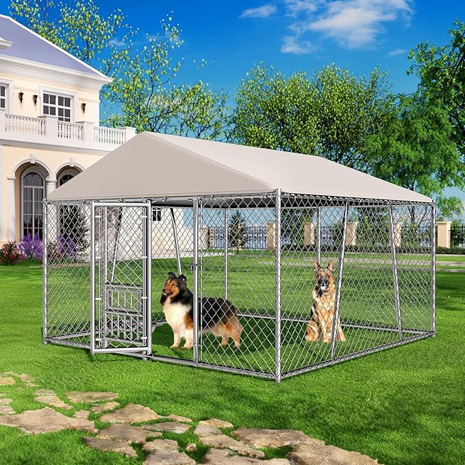 Lyromix 10 x 10FT Large Outdoor Dog Kennel with Bowls, Dog Kennel Outside with Waterproof Cover Roof, Galvanized Heavy Duty Chain Link Dog Runs Cage Playpen for Outside with Secure Lock