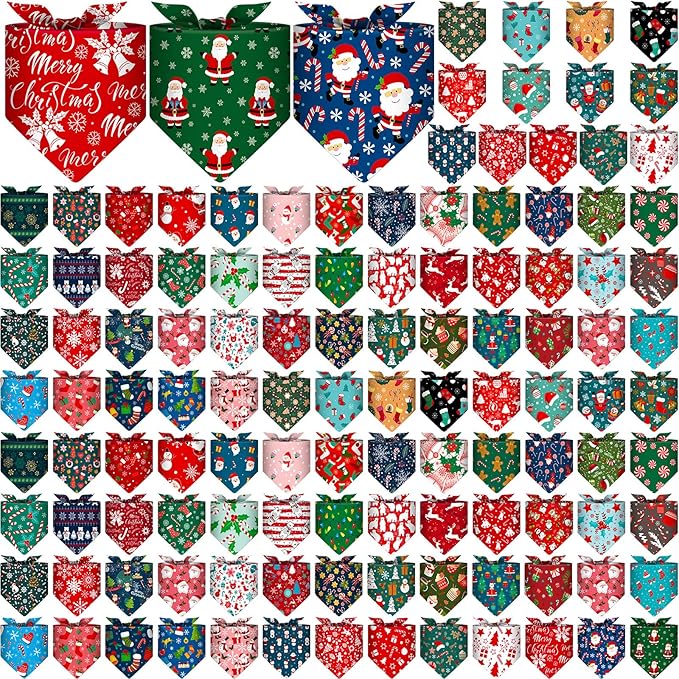 Amylove 120 Pcs Christmas Dog Bandanas Bulk Thanksgiving Day Holiday Triangle Dog Pack Puppy Kerchief Bandana Adjustable Pet Scarf for Pet Cat Costume Accessories Decor(Snowman)