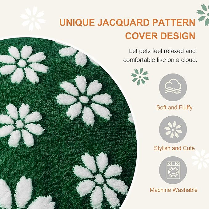Dog Beds for Small Medium Dogs, Cute Thick Dog Bed for Crate Kennel, Fluffy Pet Bed with Removable Washable Cover and Anti-Slip Bottom, 30"x 20", Green Flower