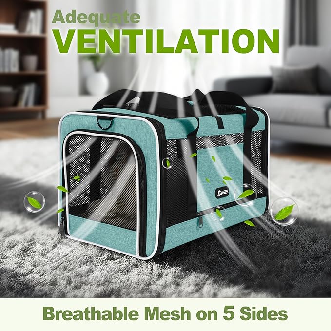 Cat Carrier 18"x11"x11" TSA Approved Ventilated Top Open Softsided Pet Air Travel Bag, Small Animal Basic Crate Shih Tzu Dog Kennel Carry Case, 4-Mesh-Side Kitty Carry on up to 20lbs Teal