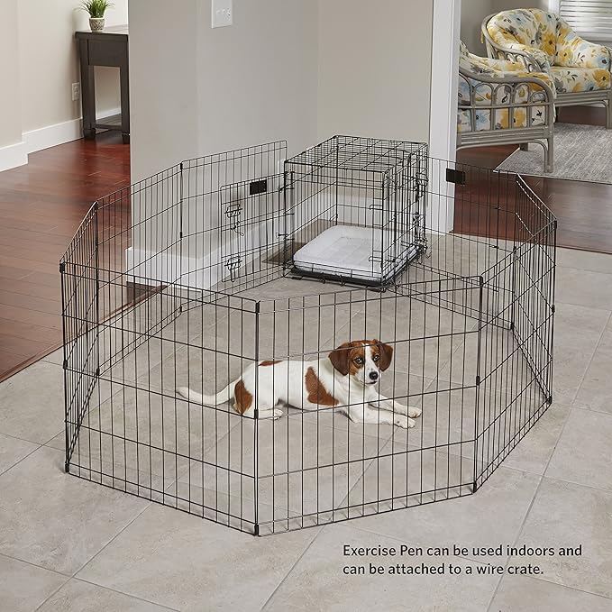MidWest Homes for Pets Folding Metal Puppy/Dog Exercise Pen, Indoor/Outdoor Playpen with No Door, Provides 16 Sq Feet of Play Space, 24-Inches Tall, Black E-Coated
