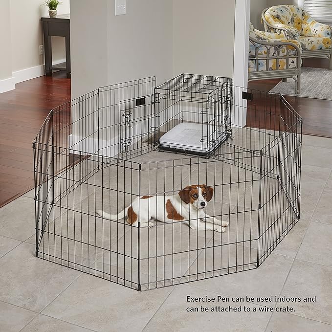 MidWest Homes for Pets Folding Metal Puppy/Dog Exercise Pen, Indoor/Outdoor Playpen with Secure Door, Provides 16 Sq Feet of Play Space, 24-Inches Tall, Black E-Coated