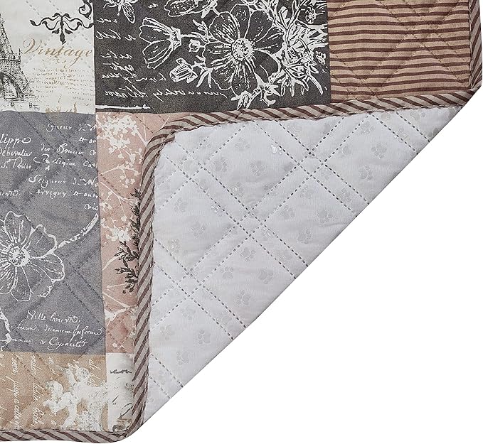 Brilliant Sunshine Quilted Calming Dog Bed Mat, Removable Washable Cover, Cushion Protector and Couch Covers for Dogs, Pets, Cats, Medium, Latte Grey Paris and Toile Floral Patchwork
