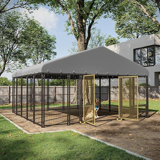 10X10FT Dog Kennel Outside Double Door Dog Kennel Outdoor with Feeding, Heavy Duty Outdoor Dog Crate Durable Dog Cage with Roof & Double Lock