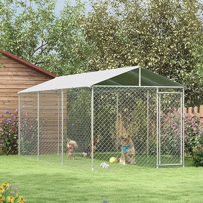 PawHut Outdoor Dog Kennel, Heavy Duty Dog Run Outdoor Fence with Waterproof Cover, Galvanized Chain Link, Secure Lock, for All Sized Breeds, Chickens, Ducks, 20' x 7.5' x 7.5'