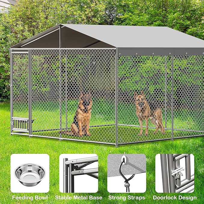 Outdoor Dog Kennel, 10x10 Ft Large Heavy Duty Dog Enclosure with Waterproof Cover Roof, Chain Link Dog Runs Dog House with Secure Lockable Door for Outside Backyard