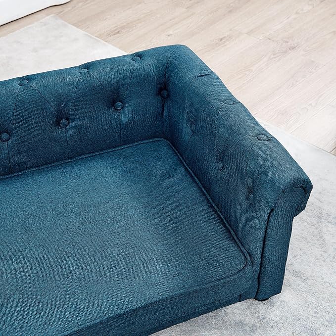 GDFStudio Modern Linen Dog Sofa for Small and Medium Dogs Elevated Pet Bed with Armrests and Backrest Durable and Comfortable Upholstered Pet Furniture, Blue