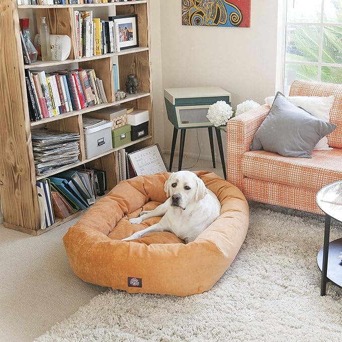 Majestic Pet 32 Inch Micro Velvet Calming Dog Bed Washable – Cozy Soft Round Dog Bed with Spine for Head Support - Fluffy Donut Puppy Mat 32x23x7 (inch) Medium – Apple