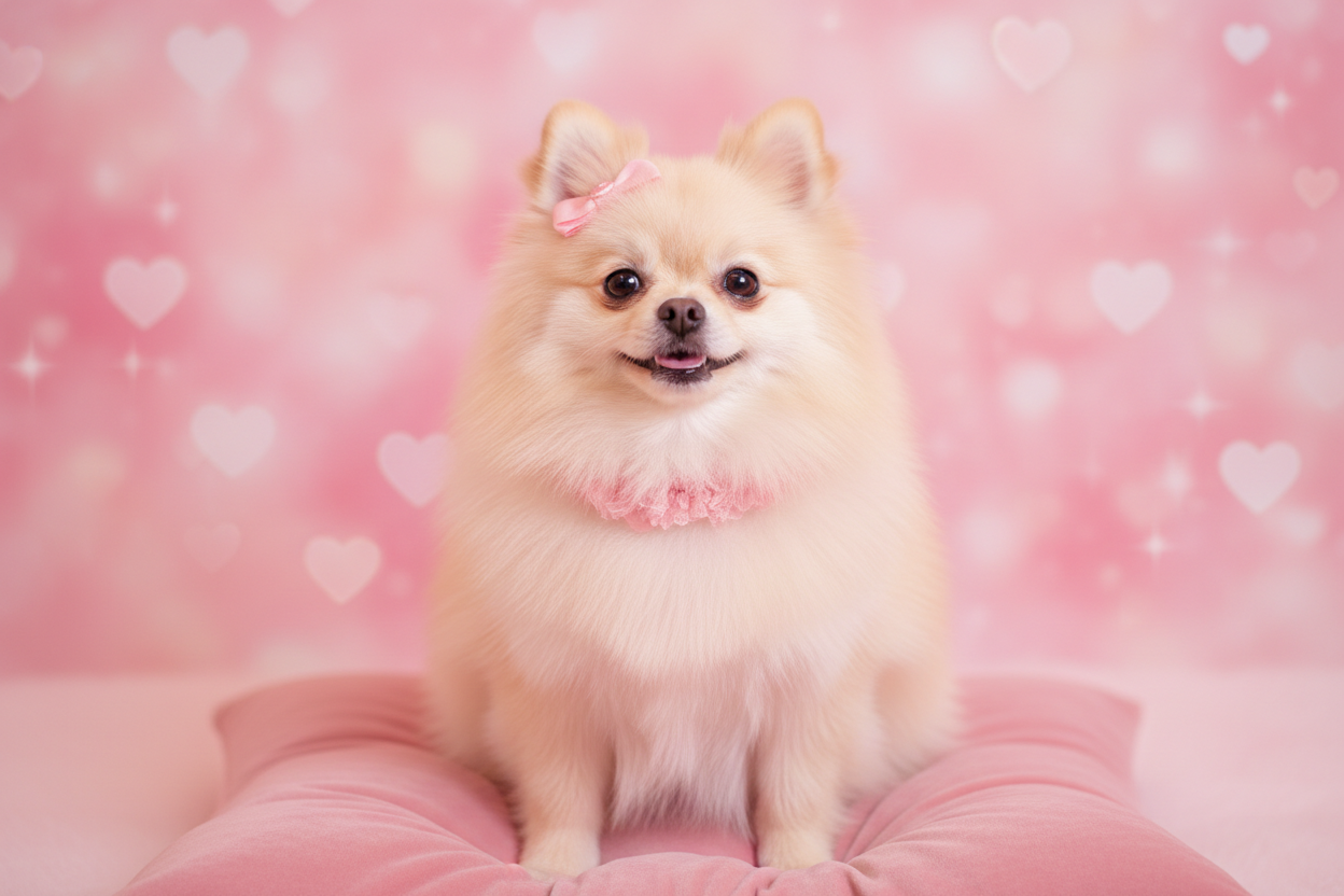내 pet 샵에 어울리는 포메라이안 실제 이미지 귀엽고 사랑스럽게 핑크감성으로 글씨는 빼줘